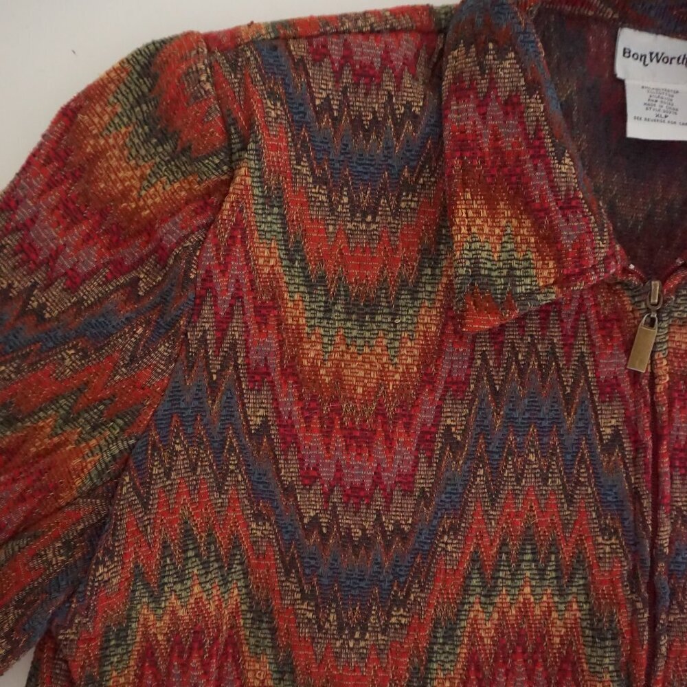 Vintage BonWorth Red Gold Southwestern Tapestry Zip Jacket Western Patchwork XLP - Picture 5 of 10